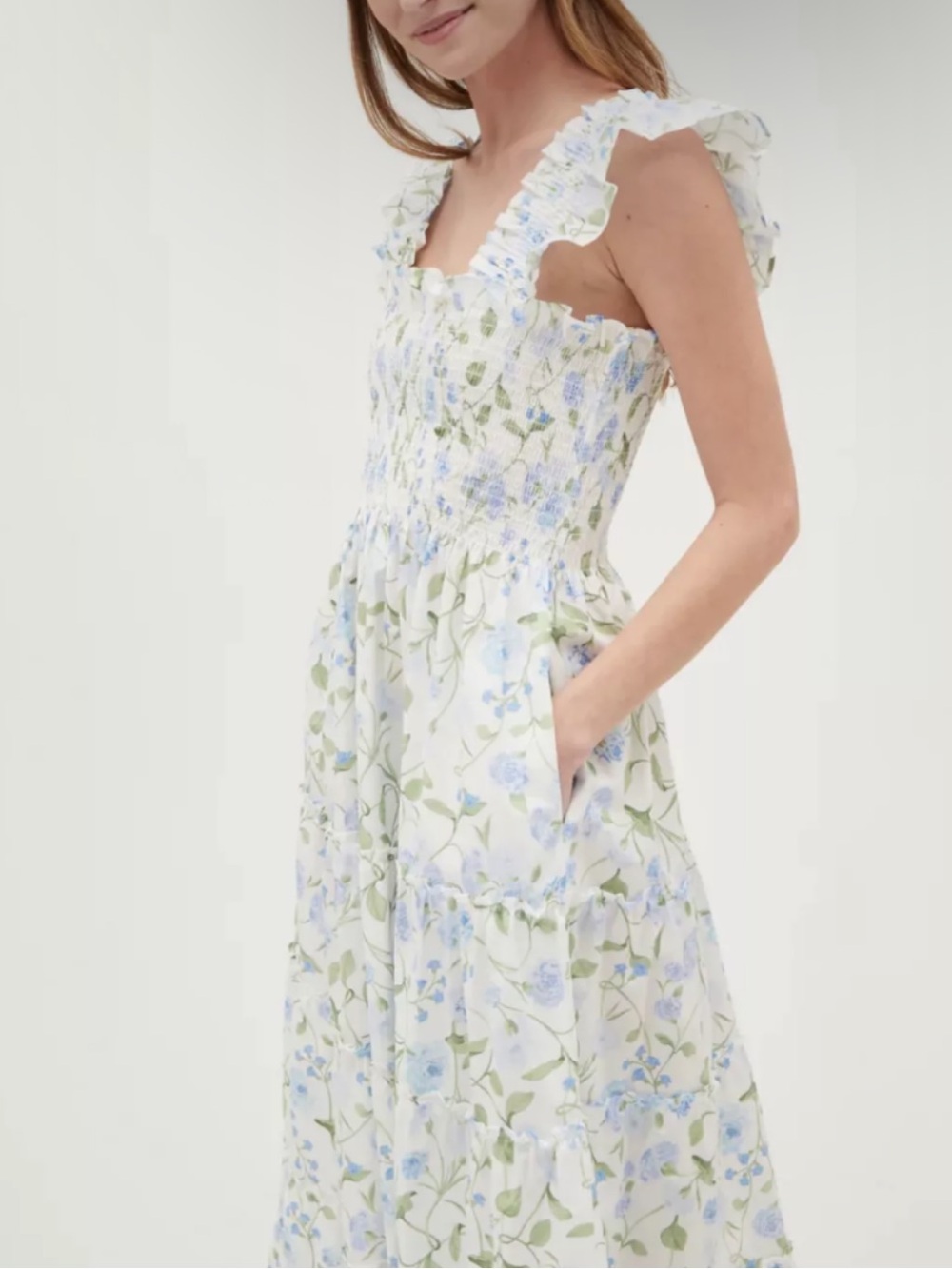 Smocked Floral Ruffle-Strap Midi Dress in Light Blue